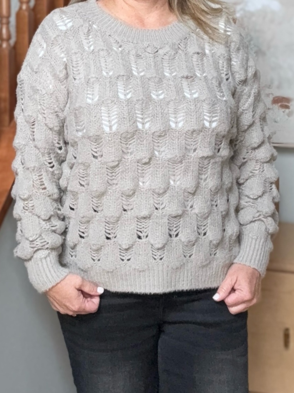 Kye Mi Brand New Textured Open-Knit Crewneck Sweater
